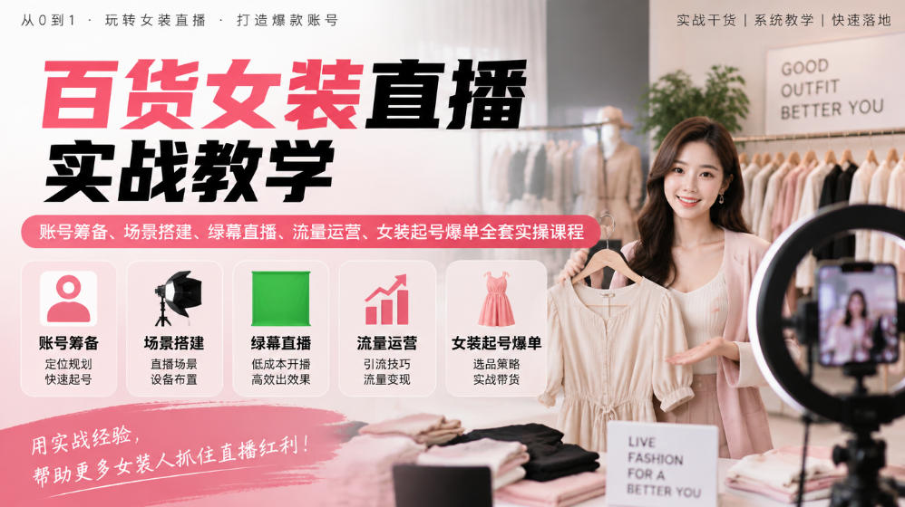 百货女装直播实战教学｜账号筹备、场景搭建、绿幕直播、流量运营、女装起号爆单全套实操课程-禾谷轻创网