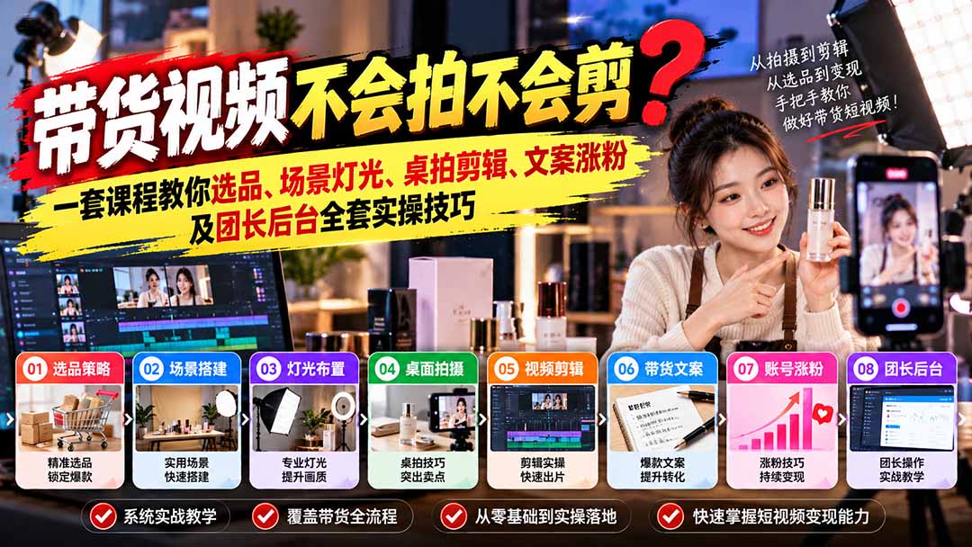 带货视频不会拍不会剪?一套课程教你选品、场景灯光、桌拍剪辑、文案涨粉及团长后台全套实操技巧 复制标题-禾谷轻创网