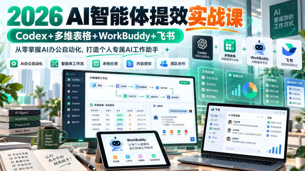 2026 AI智能体提效实战课：Codex+多维表格+WorkBuddy+飞书，从零掌握AI办公自动化，打造个人专属AI工作助手-禾谷轻创网