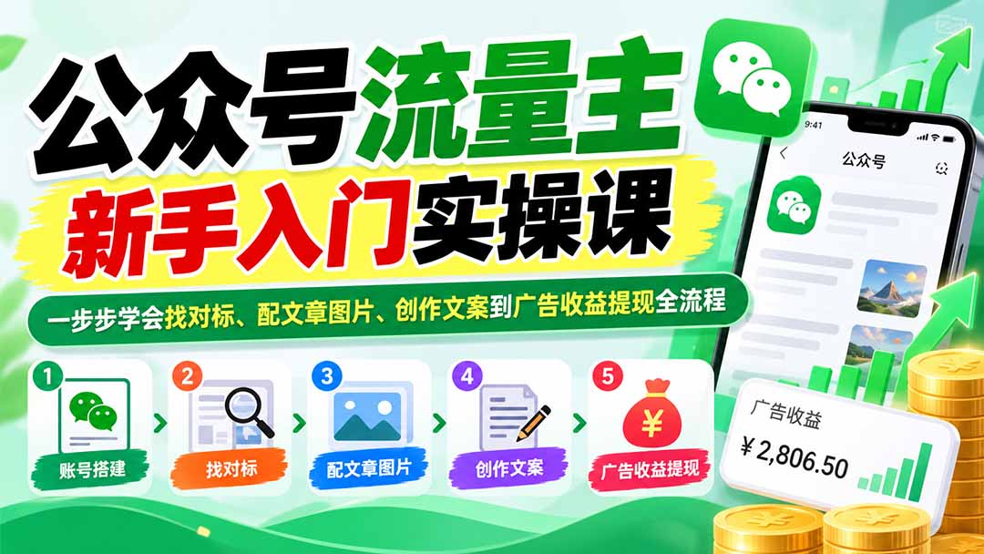 公众号流量主新手入门实操课：一步步学会找对标、配文章图片、创作文案到广告收益提现全流程-禾谷轻创网