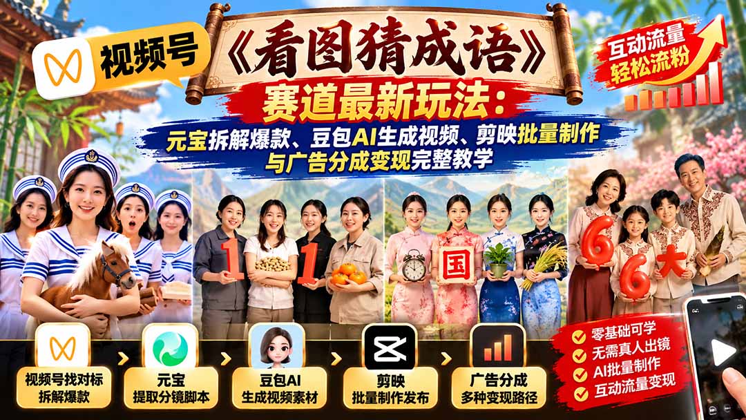 视频号《看图猜成语》赛道最新玩法:元宝拆解爆款、豆包AI生成视频、剪映批量制作与广告分成变现完整教学-禾谷轻创网
