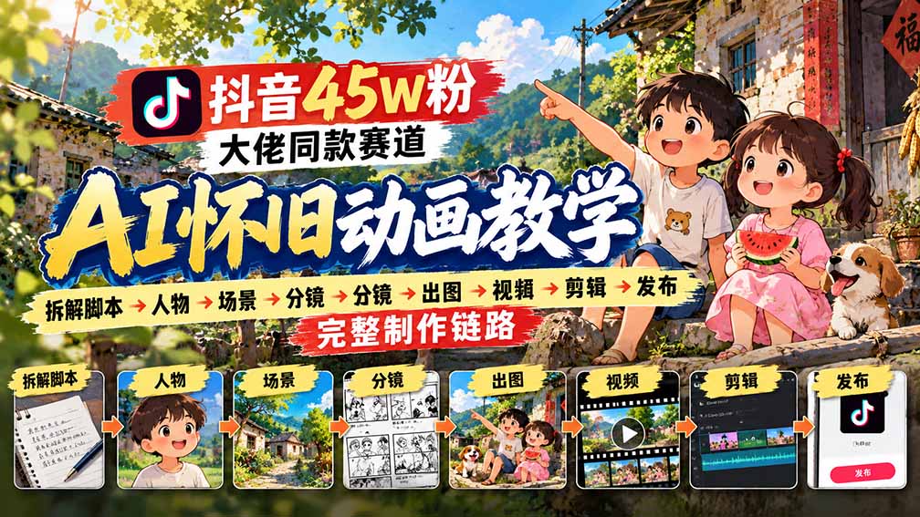 抖音45W粉大佬同款赛道AI怀旧动画教学：拆解脚本→人物→场景→分镜→出图→视频→剪辑→发布完整制作链路-禾谷轻创网
