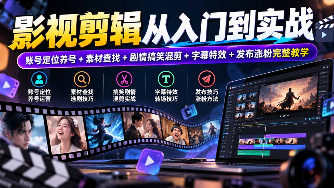 影视剪辑从入门到实战：账号定位养号+素材查找+剧情搞笑混剪+字幕特效+发布涨粉完整教学-禾谷轻创网