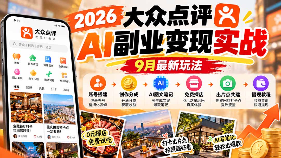 2026大众点评AI副业变现实战9月最新玩法：账号搭建+创作分成+AI图文笔记+免费探店+出片点共建与提现教程-禾谷轻创网