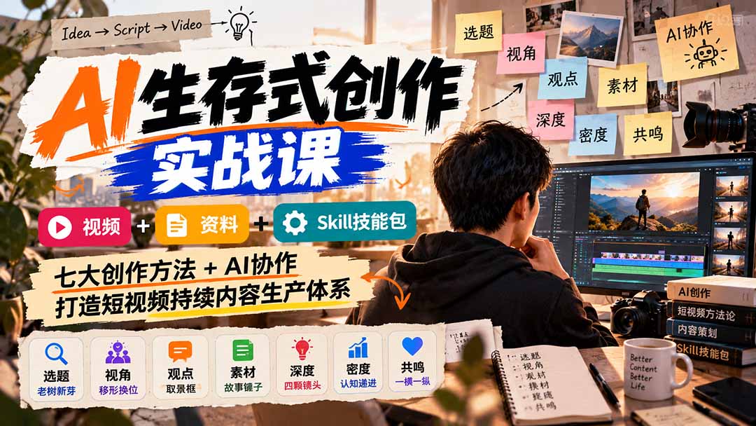 AI生存式创作实战课:视频+资料+Skill技能包,七大创作方法+AI协作,打造短视频持续内容生产体系-禾谷轻创网