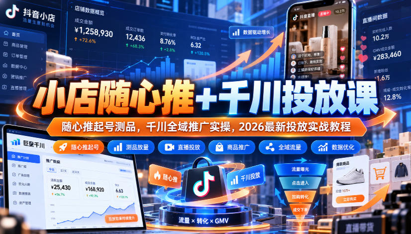小店随心推+千川投放课｜随心推起号测品，千川全域推广实操，2026最新投放实战教程-禾谷轻创网