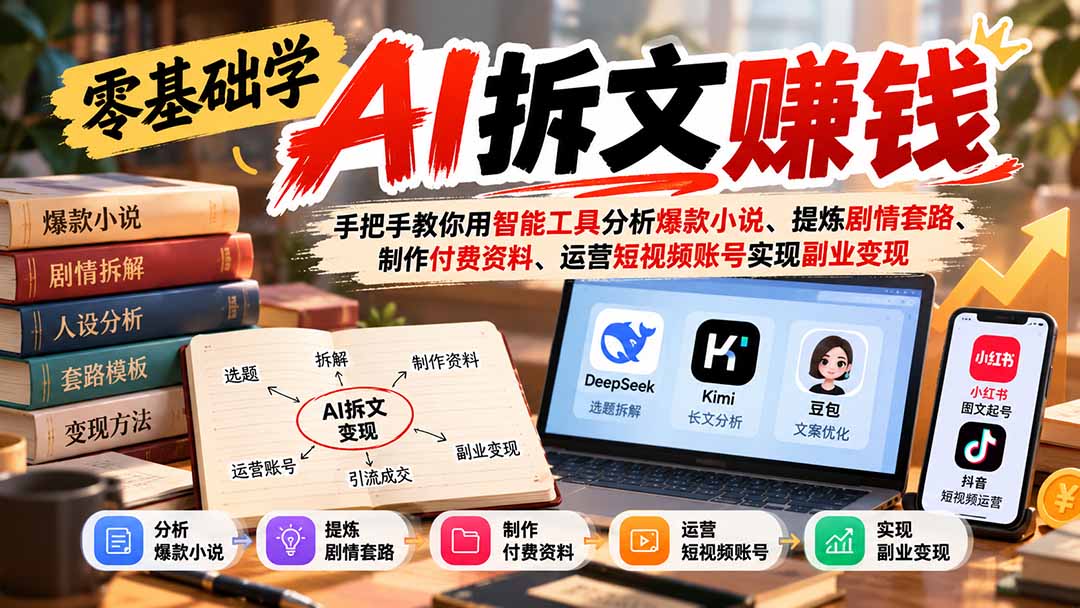 零基础学AI拆文赚钱：手把手教你用智能工具分析爆款小说、提炼剧情套路、制作付费资料、运营短视频账号实现副业变现-禾谷轻创网