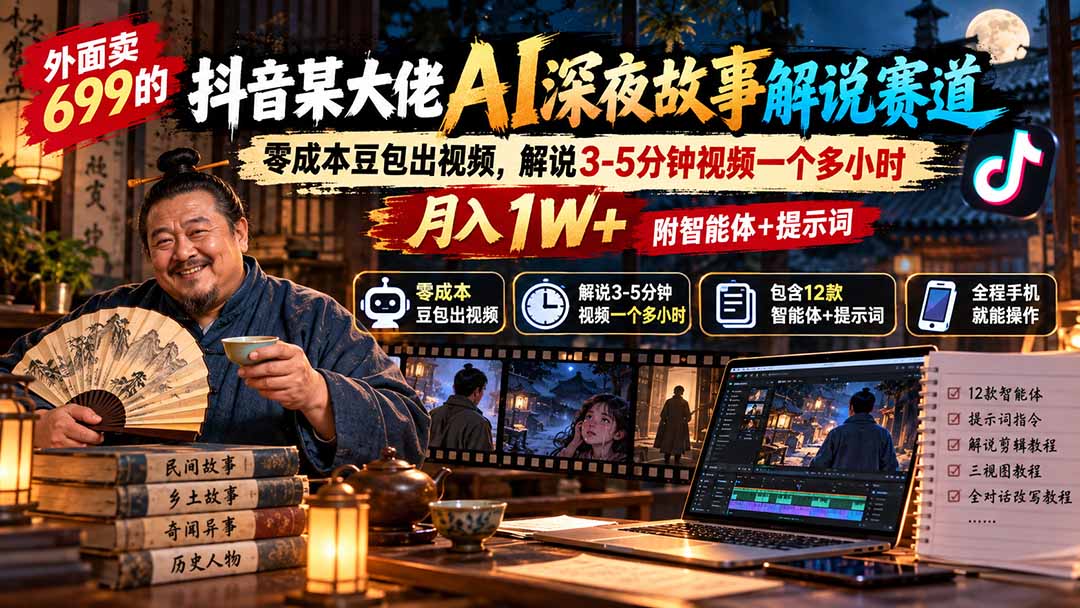 外面卖699抖音某大佬AI深夜故事解说赛道-更新：0成本豆包出视频+解说3-5分钟视频一个多小时，月入1W+附智能体+提示词-禾谷轻创网