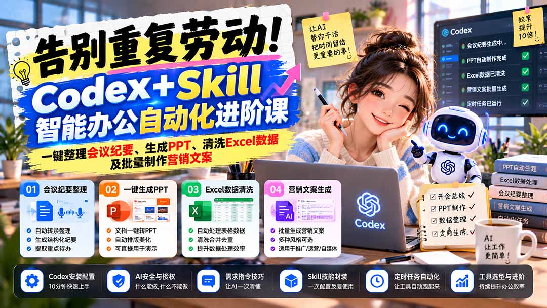 告别重复劳动!Codex+Skill智能办公自动化进阶课:一键整理会议纪要、生成PPT、清洗Excel数据及批量制作营销文案-禾谷轻创网