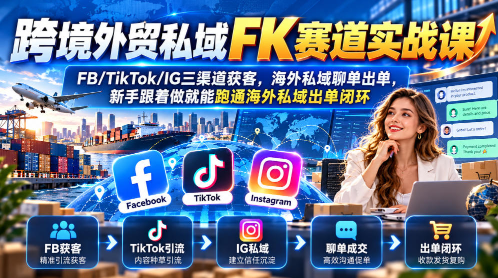 跨境外贸私域FK赛道实战课|FB/TikTok/IG三渠道获客,海外私域聊单出单,新手跟着做就能跑通海外私域出单闭环-禾谷轻创网