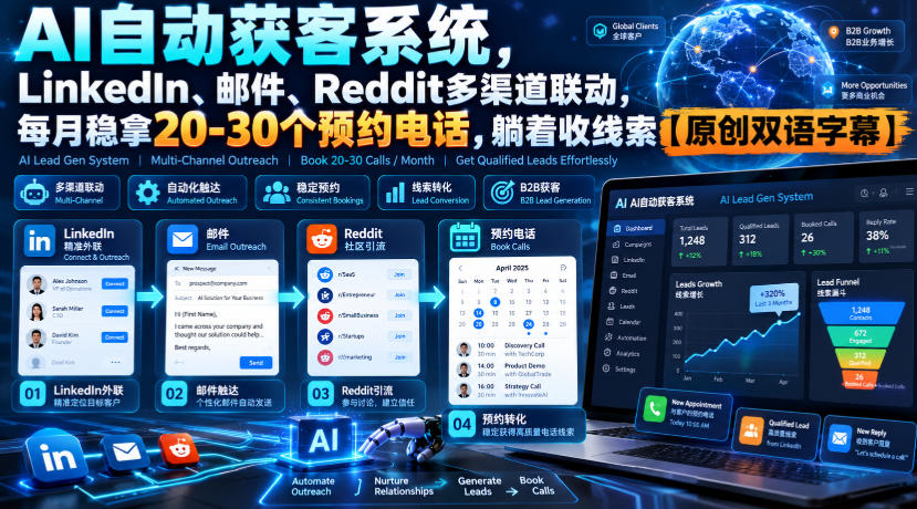 【无水印】AI自动获客系统,LinkedIn、邮件、Reddit多渠道联动,每月稳拿20-30个预约电话,躺着收线索【原创双语字幕】-禾谷轻创网