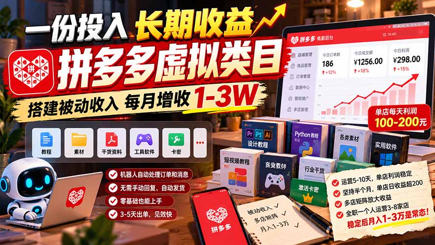 一份投入长期收益，拼多多虚拟类目，搭建被动收入每月增收 1-3W-禾谷轻创网