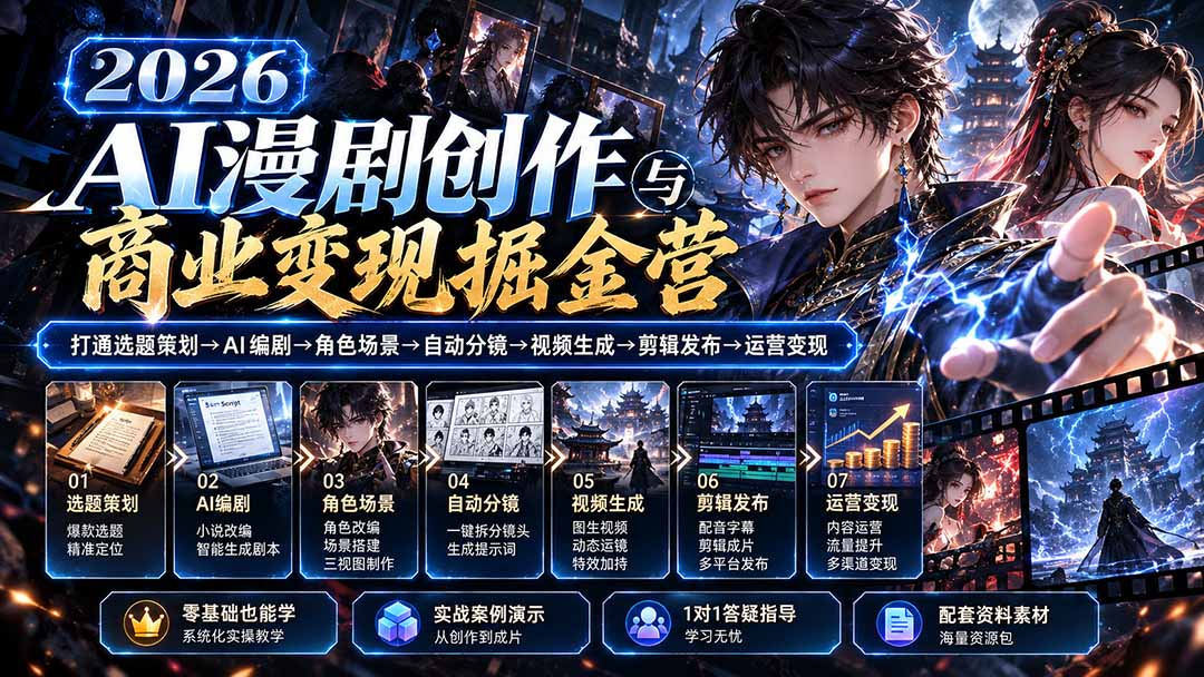 【无水印】2026AI漫剧创作与商业变现掘金营：打通选题→AI编剧→角色场景→自动分镜→视频生成→剪辑发布→运营变现-禾谷轻创网