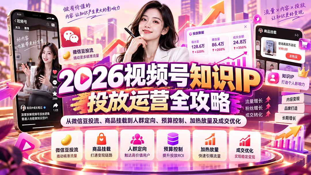 2026视频号知识IP投放运营全攻略：从微信豆投流、商品挂载到人群定向、预算控制、加热放量及成交优化-禾谷轻创网