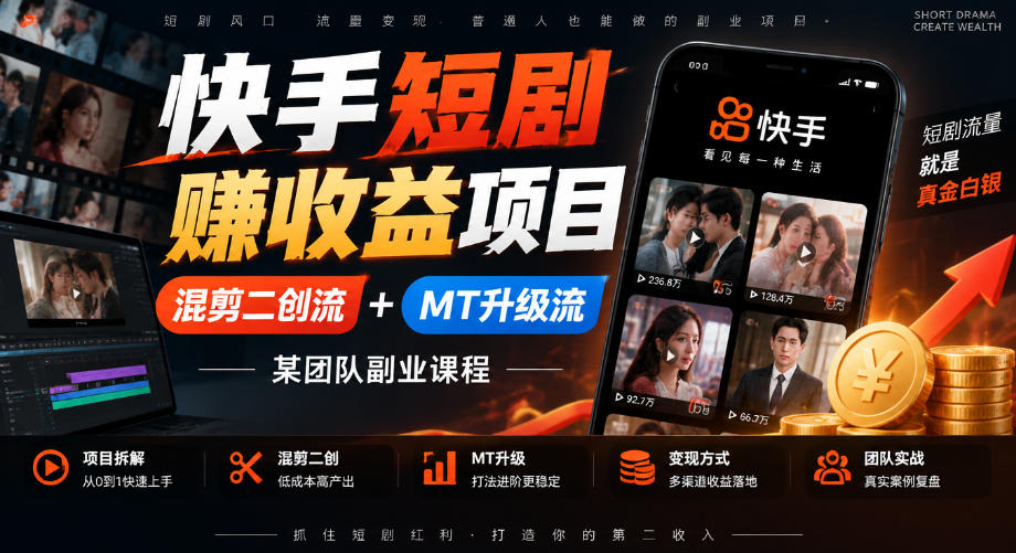 快手短剧賺收益项目，混剪二创流+MT升级流，某团队副业课程-禾谷轻创网