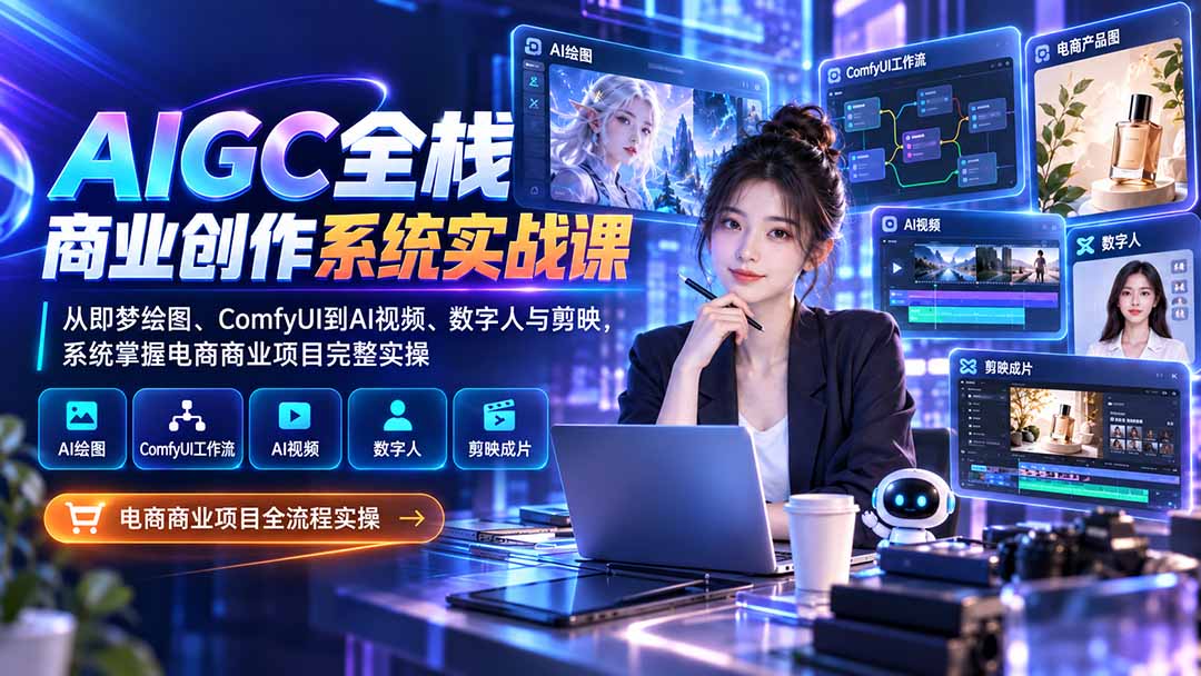 AIGC全栈商业创作系统实战课-更新1017：从即梦绘图、ComfyUI到AI视频、数字人与剪映，系统掌握电商商业项目完整实操-禾谷轻创网
