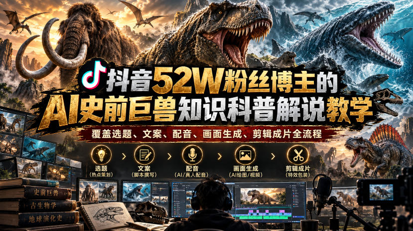 抖音52W粉丝博主的AI史前巨兽知识科普解说教学，覆盖选题、文案、配音、画面生成、剪辑成片全流程-禾谷轻创网