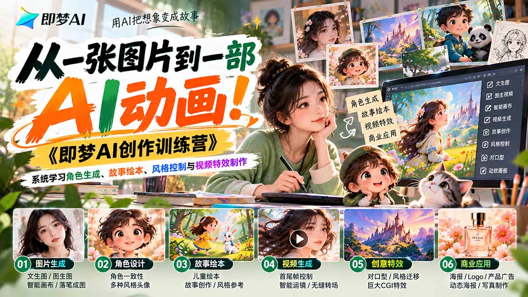 【无水印】从一张图片到一部AI动画！《即梦AI创作训练营》系统学习角色生成、故事绘本、风格控制与视频特效制作-禾谷轻创网