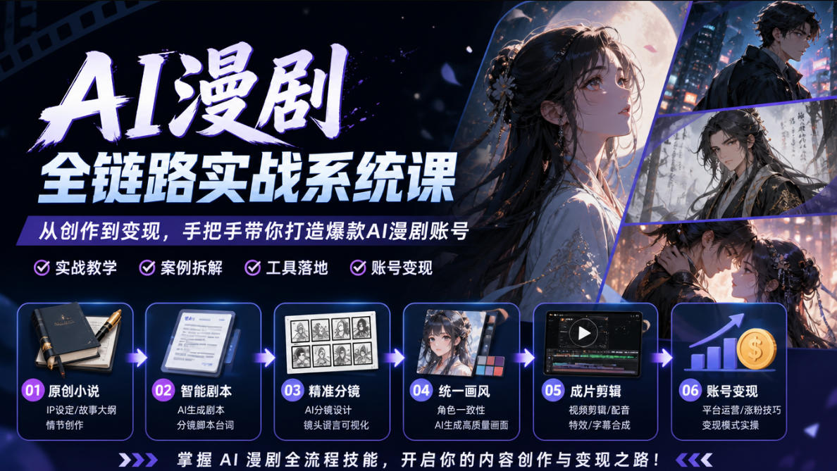 AI漫剧全链路实战系统课|原创小说、智能剧本、精准分镜、统一画风、成片剪辑、账号变现实操教学(更新1018)-禾谷轻创网