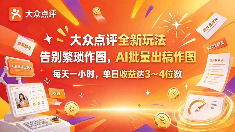 大众点评全新玩法，不用繁琐作图，AI 批量出稿作图，每天一小时，单日收益达 3～4 位数-禾谷轻创网