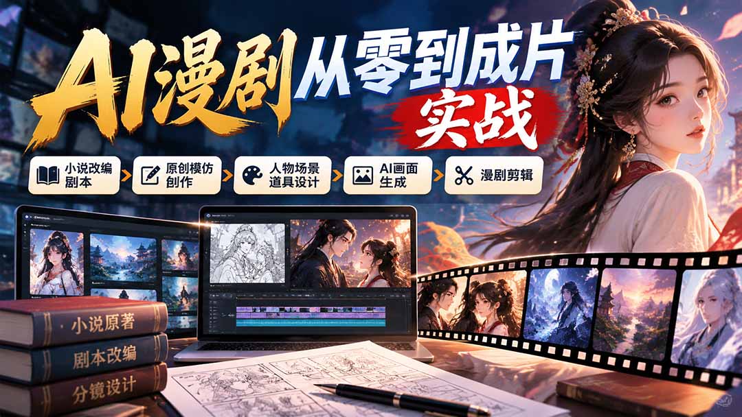 AI漫剧从零到成片实战:小说改编剧本、原创模仿创作、人物场景道具设计、AI画面生成与漫剧剪辑-禾谷轻创网