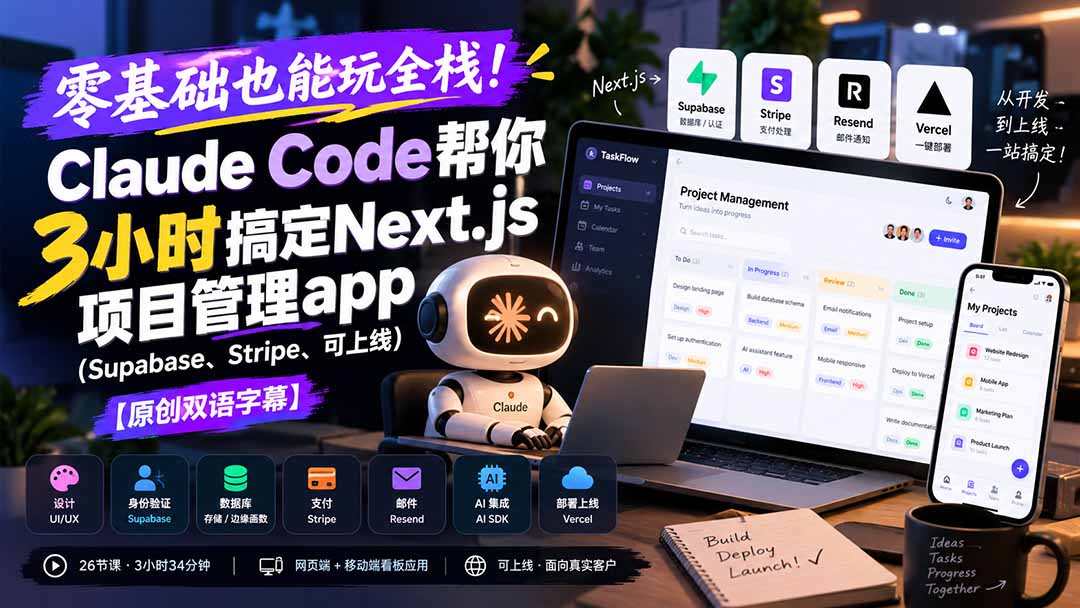 零基础也能玩全栈！Claude Code帮你3小时搞定Next.js项目管理app(Supabase、Stripe、可上线-禾谷轻创网