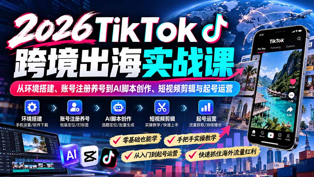 2026TikTok跨境出海实战课：从环境搭建、账号注册养号到AI脚本创作、短视频剪辑与起号运营-禾谷轻创网