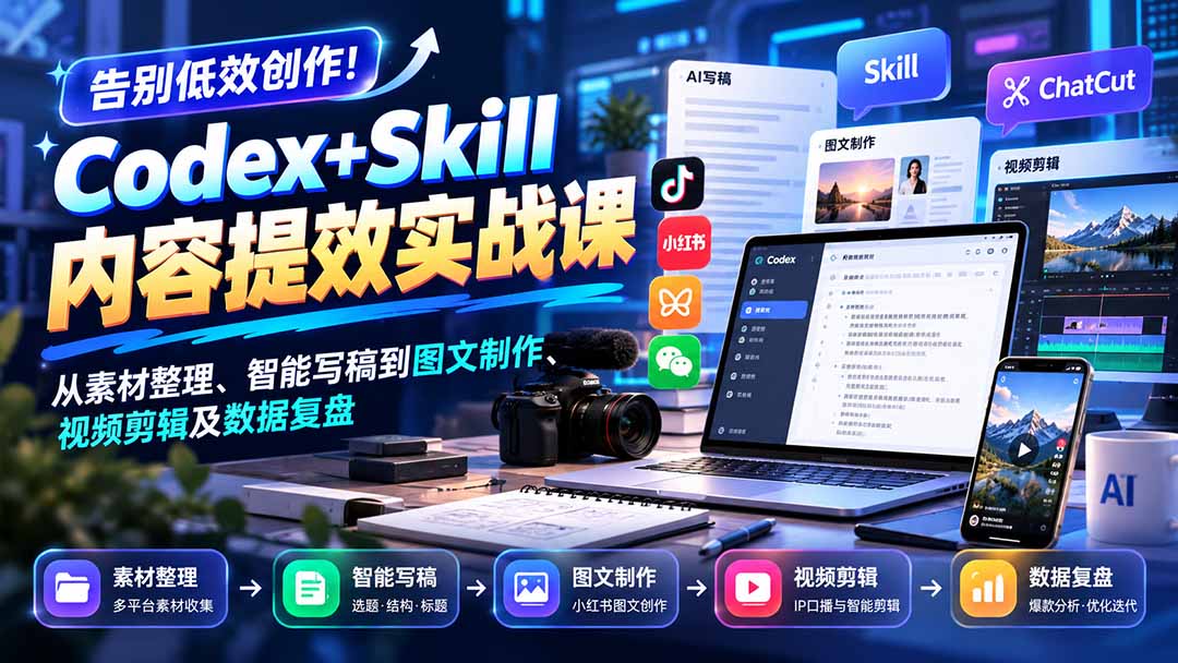 【无水印】告别低效创作！Codex+Skill内容提效实战课：从素材整理、智能写稿到图文制作、视频剪辑及数据复盘-禾谷轻创网