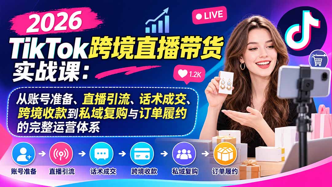 2026TikTok跨境直播带货实战课：从账号准备、直播引流、话术成交、跨境收款到私域复购与订单履约的完整运营体系-禾谷轻创网