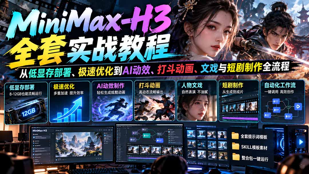 MiniMax-H3全套实战教程:从低显存部署、极速优化到AI动效、打斗动画、文戏与短剧制作全流程-禾谷轻创网