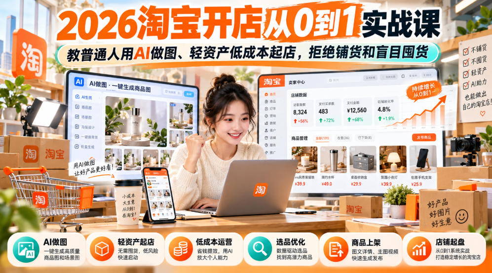 2026淘宝开店从0到1实战课，教普通人用AI做图、轻资产低成本起店，拒绝铺货和盲目囤货-禾谷轻创网