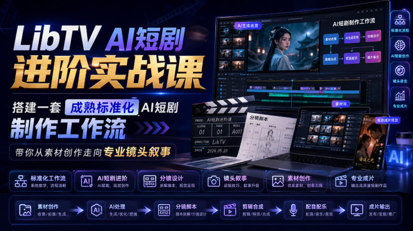 LibTV AI短剧进阶实战课，搭建一套成熟标准化AI短剧制作工作流，带你从素材创作走向专业镜头叙事(更新)-禾谷轻创网