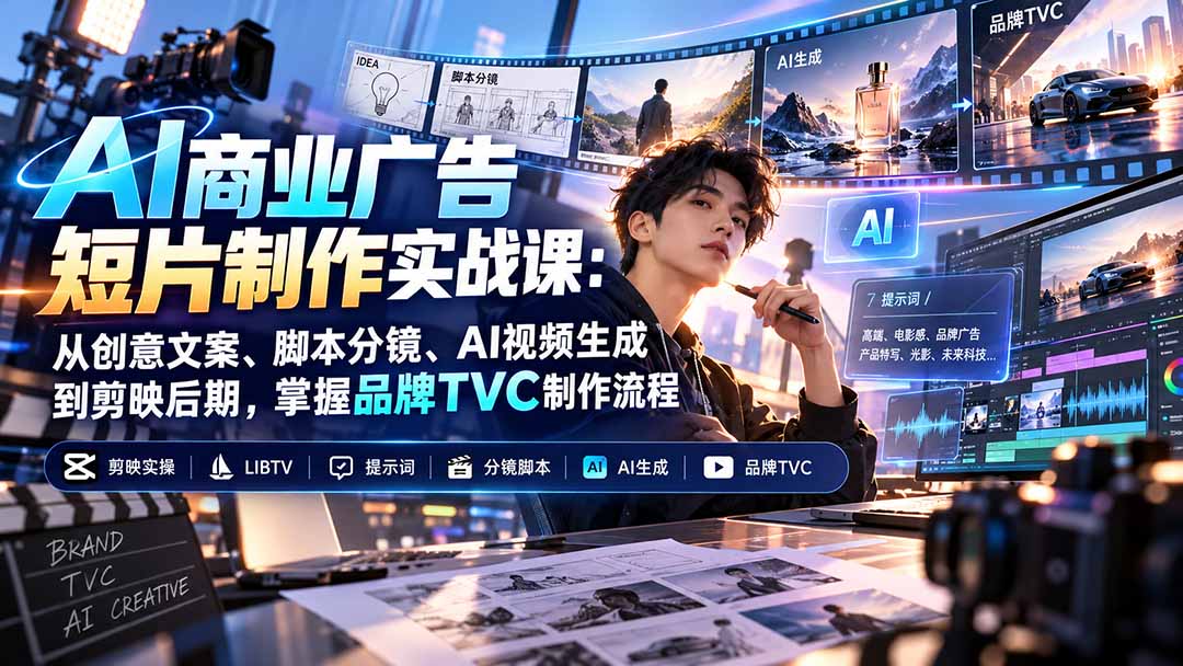 AI商业广告短片制作实战课：从创意文案、脚本分镜、AI视频生成到剪映后期，掌握品牌TVC制作流程-禾谷轻创网