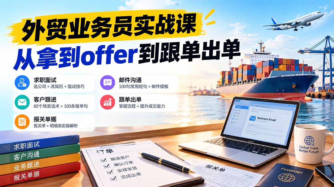 外贸业务员从求职到出单实战课：教你筛选优质公司、优化简历、应对面试、客户跟进催单及出口报关操作篇-禾谷轻创网
