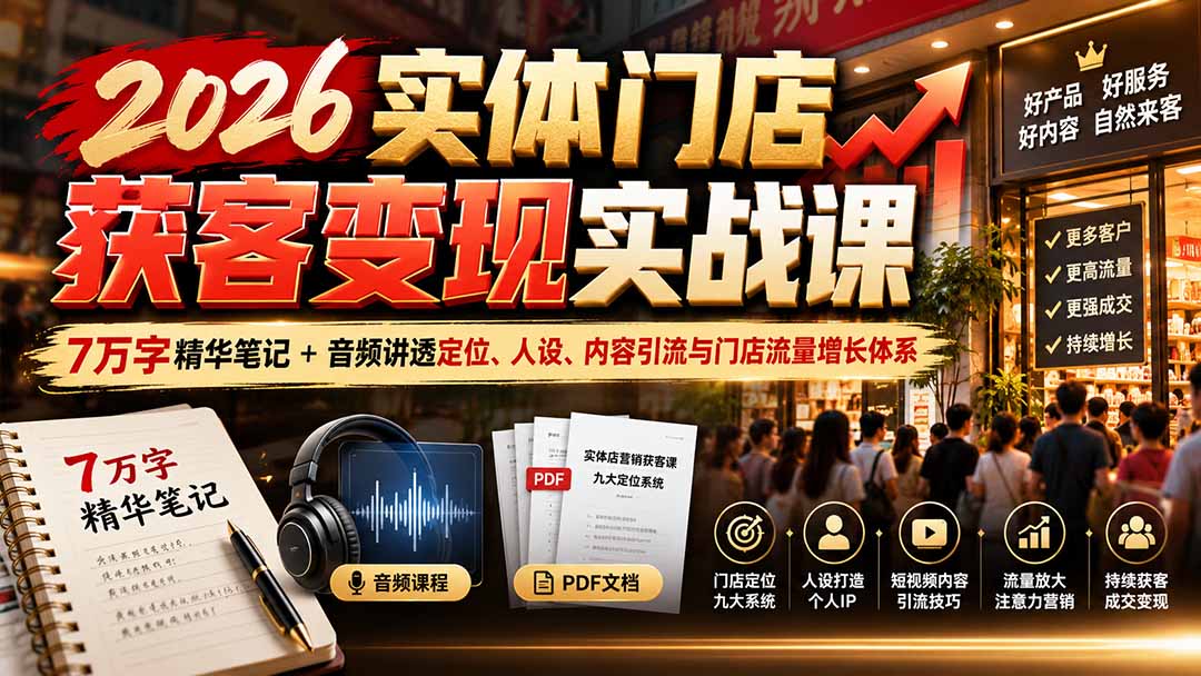 2026实体门店获客变现实战课：7万字精华笔记+音频讲透定位、人设、内容引流与门店流量增长体系-禾谷轻创网