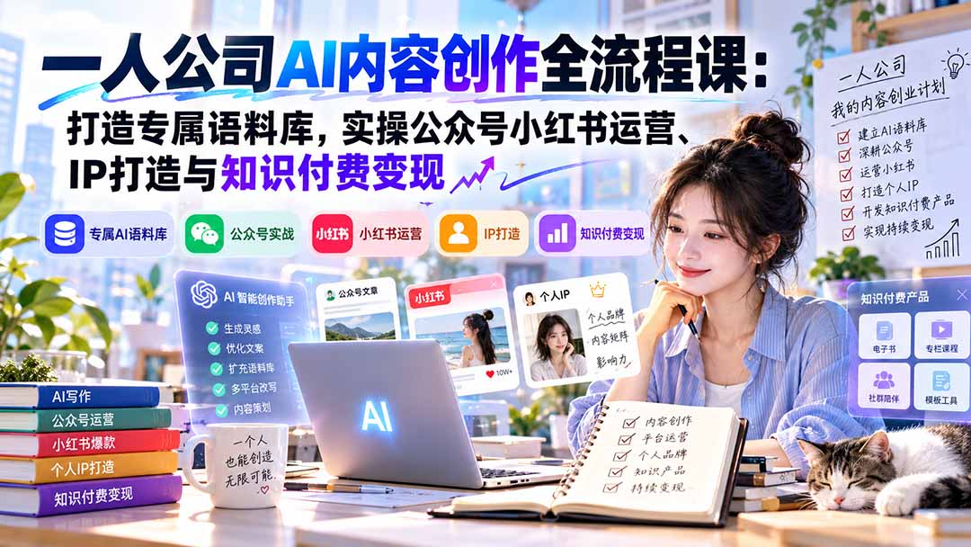 一人公司AI内容创作全流程课：打造专属语料库，实操公众号小红书运营、IP打造与知识付费变现方法论-禾谷轻创网