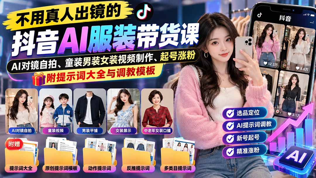 不用真人出镜的抖音AI服装带货课：AI对镜自拍、童装男装女装视频制作、起号涨粉，附提示词大全与调教模板-禾谷轻创网