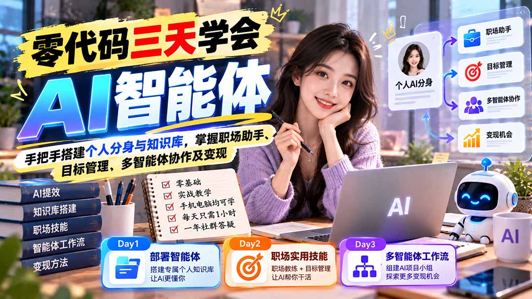 【无水印】零代码三天学会AI智能体:手把手搭建个人分身与知识库,掌握职场助手、目标管理、多智能体协作及变现-禾谷轻创网