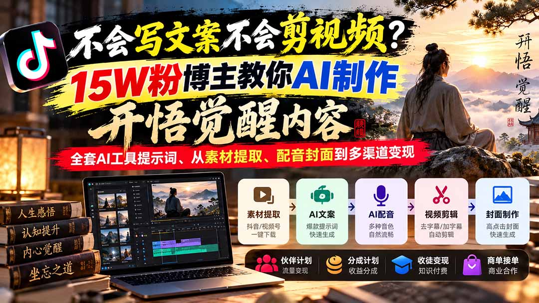 不会写文案不会剪视频?15W粉博主教你AI制作开悟觉醒内容,全套AI工具提示词、从素材提取、配音封面到多渠道变现-禾谷轻创网