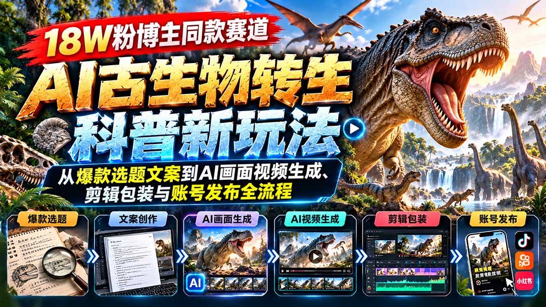 18W粉博主同款赛道-AI古生物转生科普新玩法：从爆款选题文案到AI画面视频生成、剪辑包装与账号发布全流程-禾谷轻创网