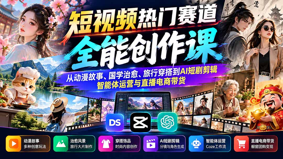 短视频热门赛道全能创作课：从动漫故事、国学治愈、旅行穿搭到AI短剧剪辑、智能体运营与直播电商带货-禾谷轻创网