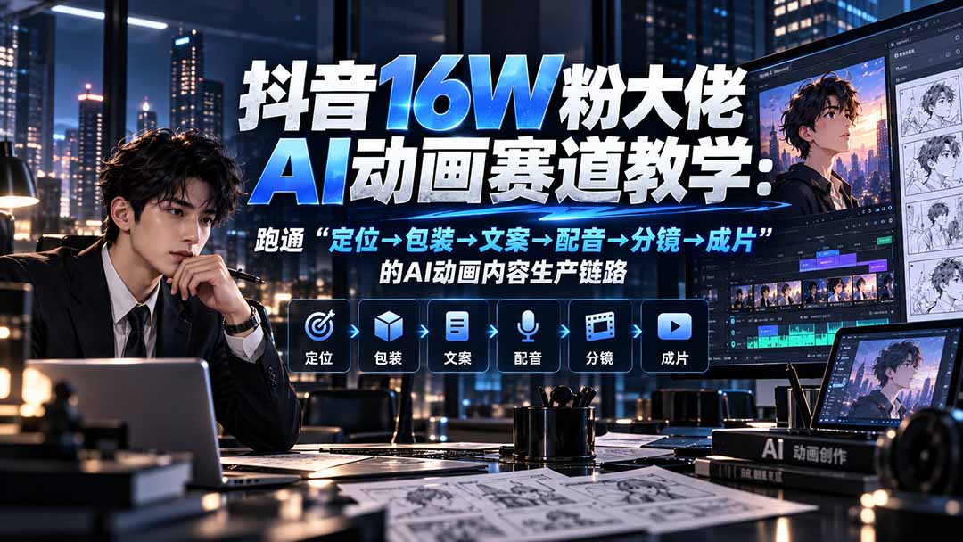 抖音16W粉大佬规则门禁AI动画赛道教学：跑通“定位→包装→文案→配音→分镜→成片”的AI动画内容生产链路-禾谷轻创网