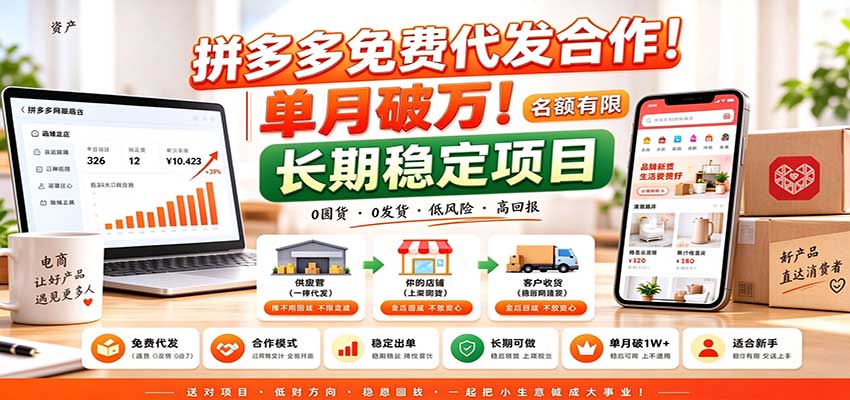 拼多多免费代发合作|单月破万!长期稳定项目,名额有限-禾谷轻创网