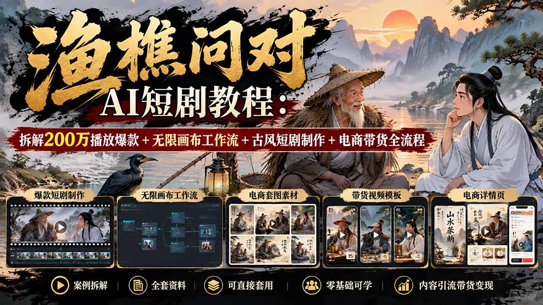 【无水印】渔樵问对AI短剧教程：拆解200万播放爆款+无限画布工作流+古风短剧制作+电商带货全流程-禾谷轻创网