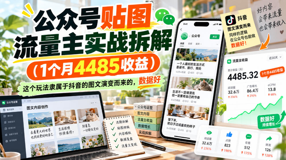 公众号贴图流量主实战拆解(1个月4485收益)，这个玩法隶属于抖音的图文演变而来的，数据好-禾谷轻创网