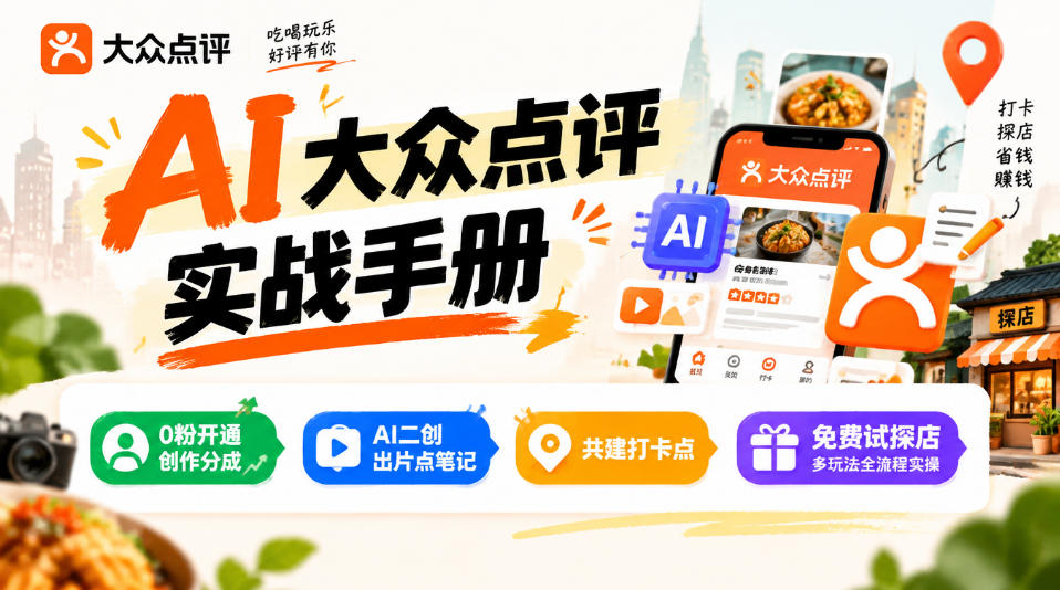 某局的AI大众点评实战手册，0粉开通创作分成、AI二创出片点笔记、共建打卡点、免费试探店多玩法全流程实操-禾谷轻创网