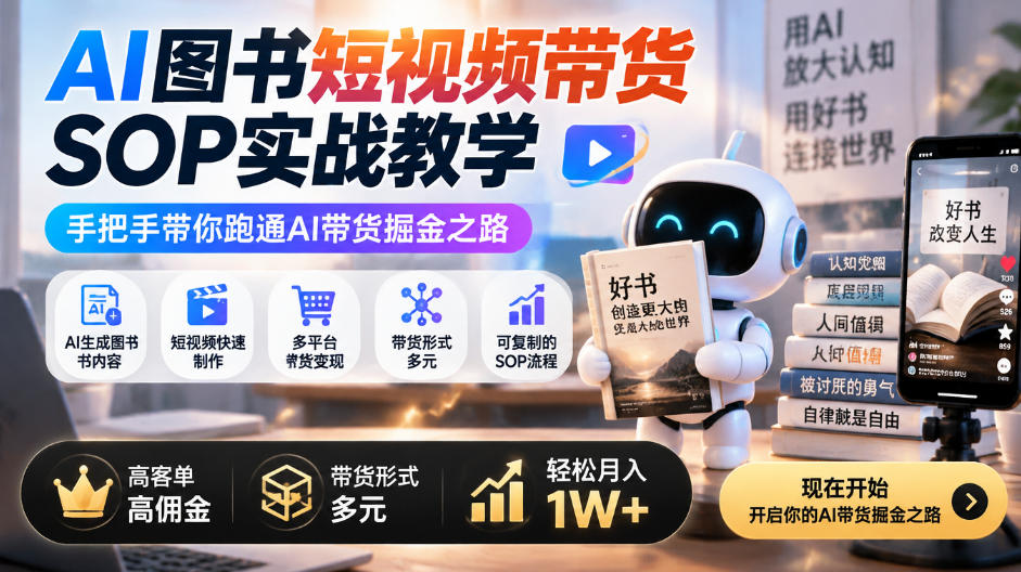 AI图书短视频带货SOP实战教学，手把手带你跑通AI带货掘金之路，高客单高佣金，带货形式多元，轻松月入1W+-禾谷轻创网