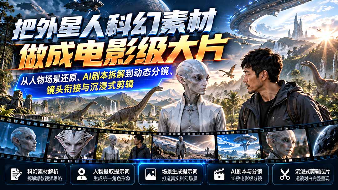 把外星人科幻素材做成电影级大片：从人物场景还原、AI剧本拆解到动态分镜、镜头衔接与沉浸式剪辑-禾谷轻创网