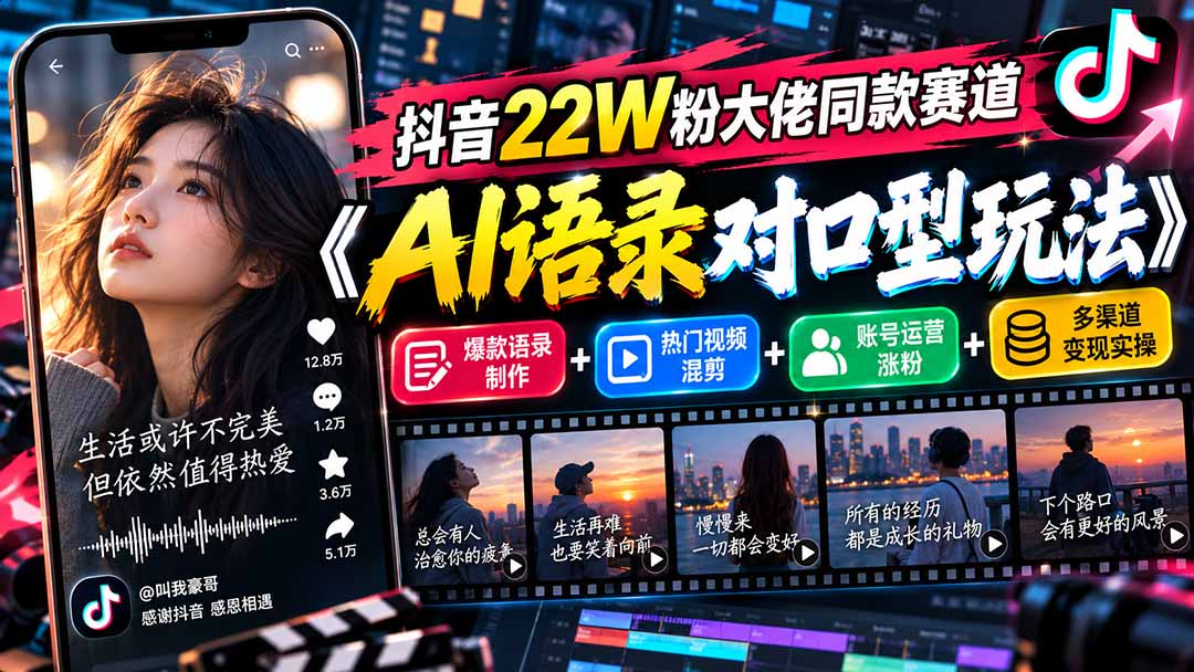 抖音22W粉大佬同款赛道《AI语录对口型玩法》：爆款语录制作+热门视频混剪+账号运营涨粉+多渠道变现实操-禾谷轻创网