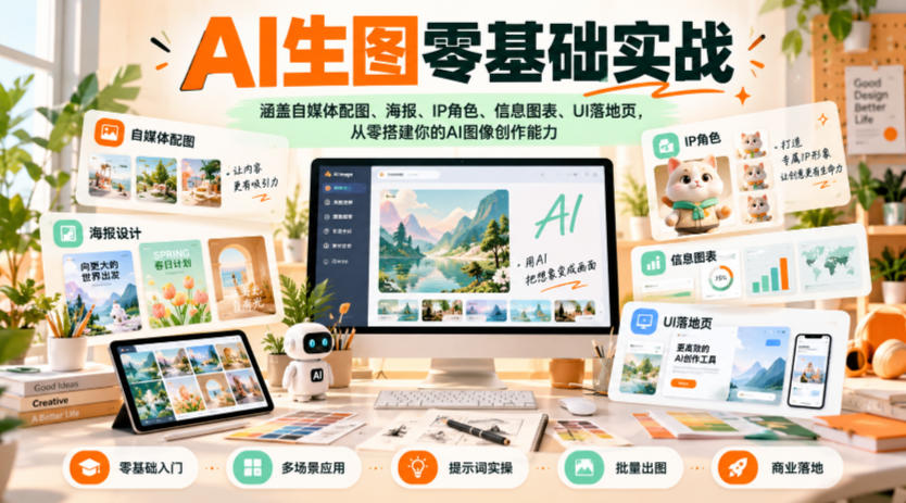 AI生图零基础实战，涵盖自媒体配图、海报、IP角色、信息图表、UI落地页，从零搭建你的AI图像创作能力-禾谷轻创网